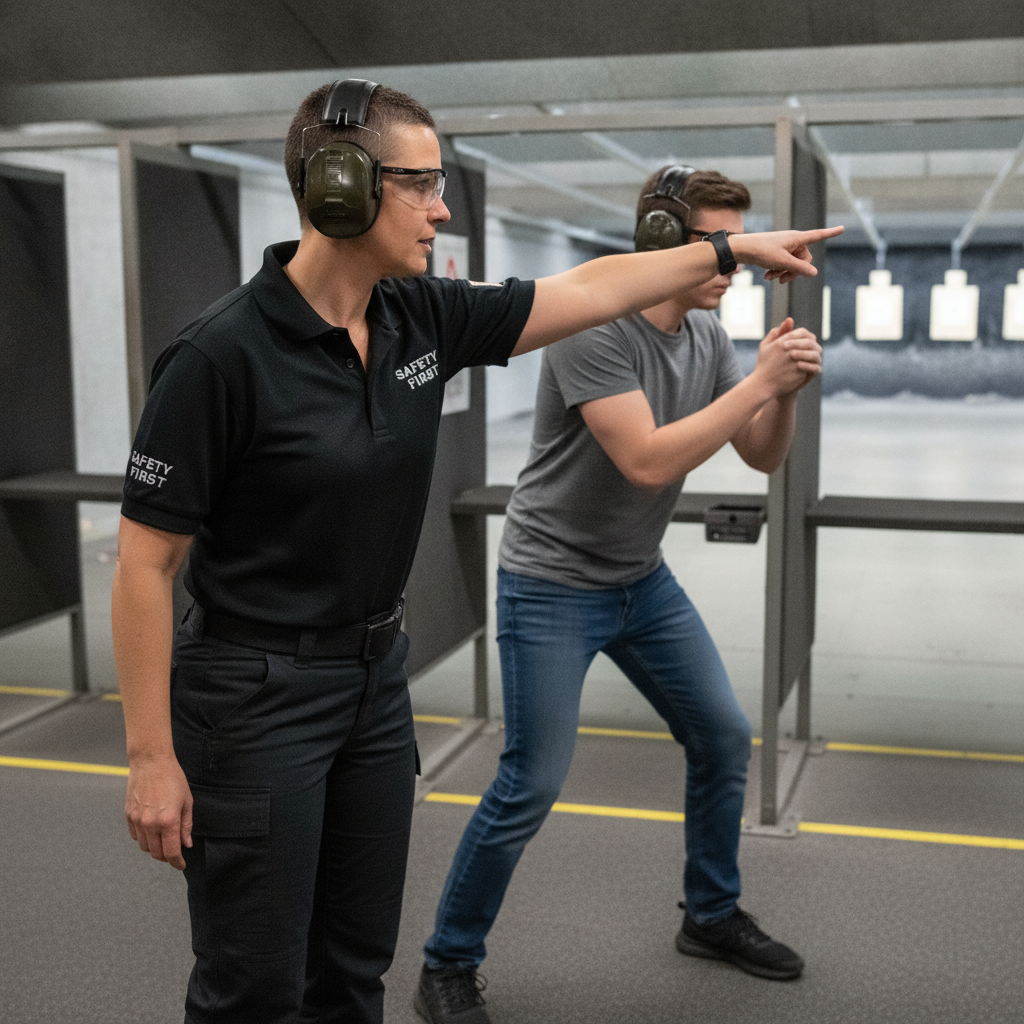 Firearms instructor and student at shooting range